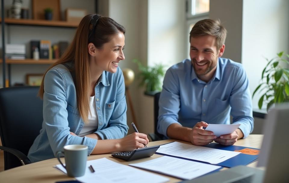 People discussing financing options at a desk with a calculator