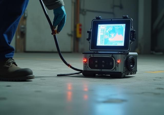 Slab leak detection equipment being used on a concrete floor