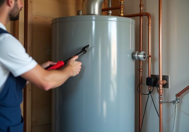 New water heater being installed in a utility closet