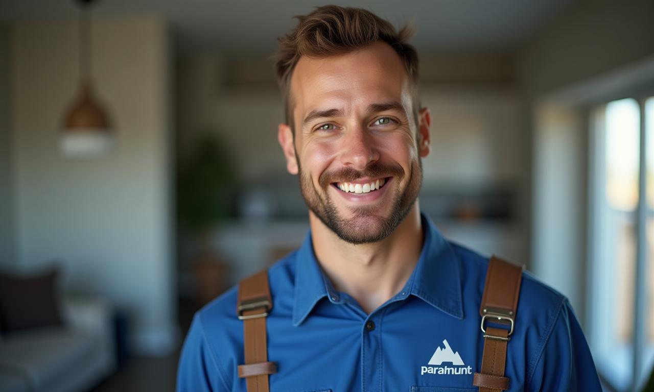 Professional plumber smiling, ready to assist with a tool belt